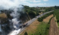 Bursa Kestel'de tırdan ormanlık alana sıçrayan yangın söndürüldü