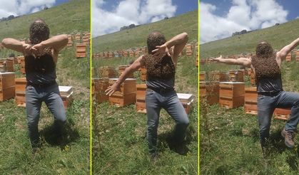 Karslı arıcıdan tehlikeli gösteri! Vücuduna aldığı binlerce arı ile şov yaptı