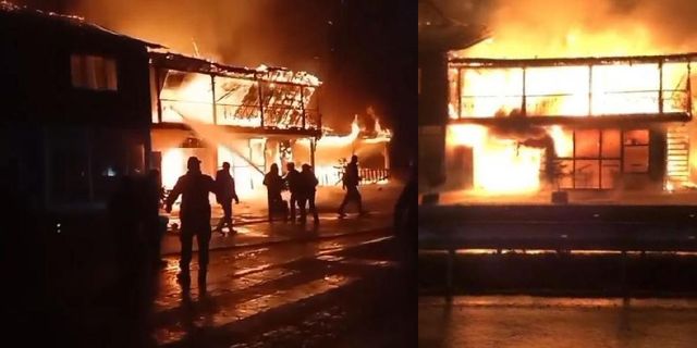 Rize'de yangın; 2 katlı ahşap restoran ile ev küle döndü