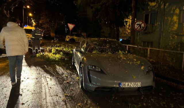 Ankara’da şiddetli rüzgarda kırılan ağaç dalı lüks otomobilin üzerine düştü