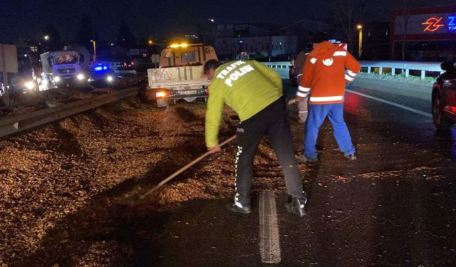 Trafik polisinden örnek davranış: Devrilen tırdan yola dökülen talaşı fırçayla temizledi