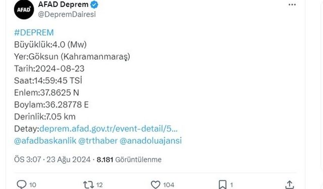 Kahramanmaraş Göksun'da 4 büyüklüğünde deprem