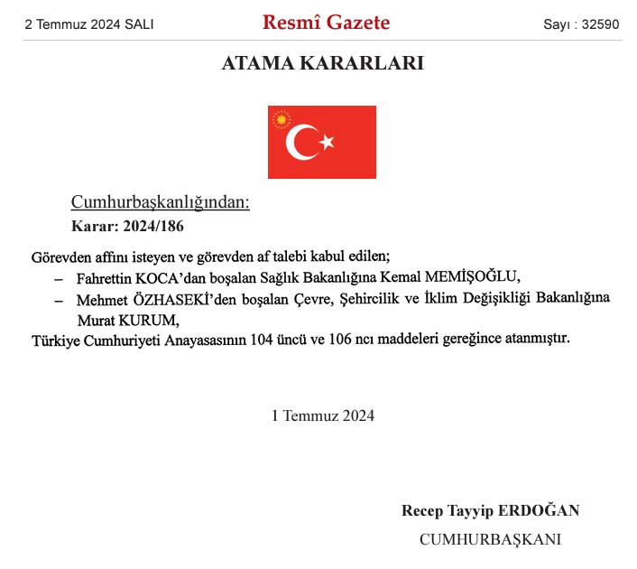 Resmi Gazete Bakanlar Murat Kurum Kemal Memisoglu