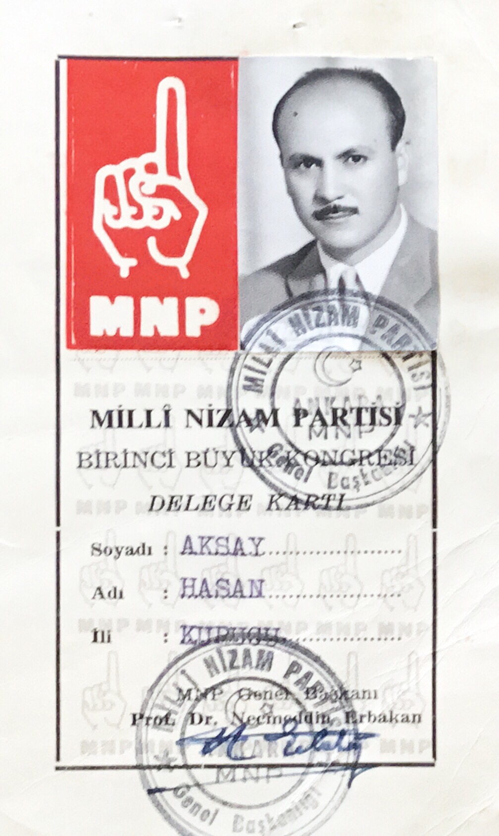 Hasan Aksayın Mnp Kurucu Delege Kimlik Kartı